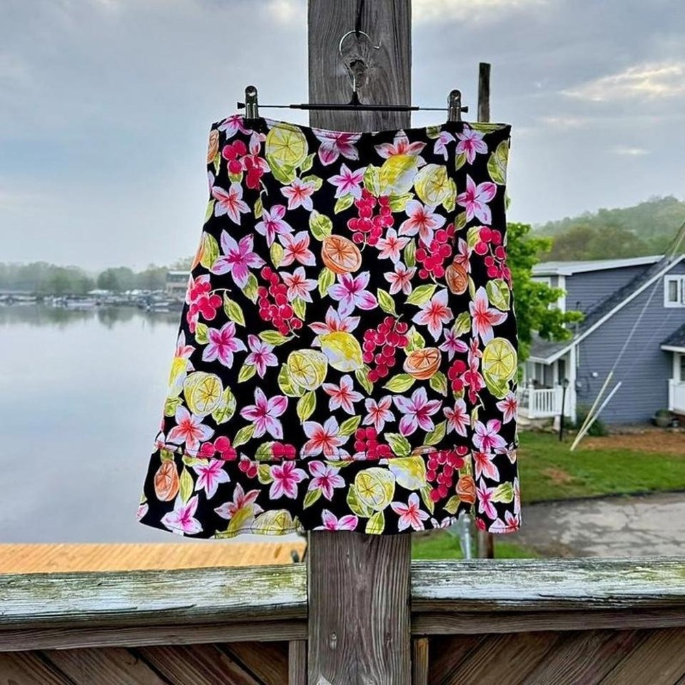 Vintage Fruity Skirt Women's Size 16 Briggs Black Floral Orange Lemon Ruffle